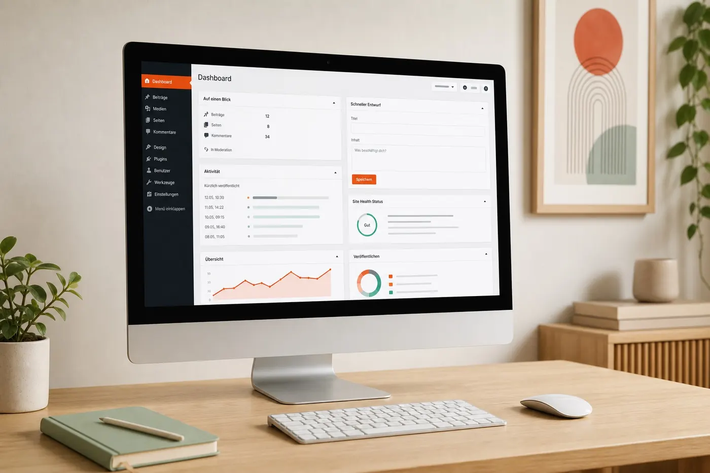 Moderner iMac mit übersichtlichem WordPress-Dashboard in einem hellen Arbeitsbereich