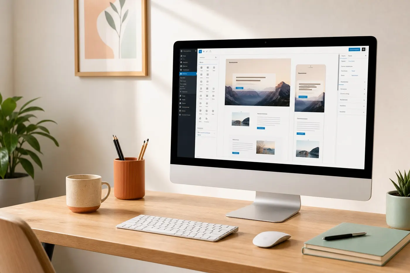 Moderner Arbeitsplatz mit WordPress-Seiteneditor auf einem großen Bildschirm